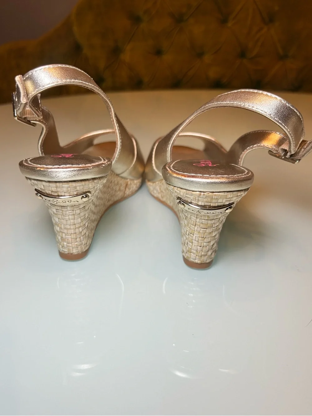 Lilly Pulitzer Krisie Wedge Metallic Gold Peep Toe Resort Rafia Cork Sling Back
